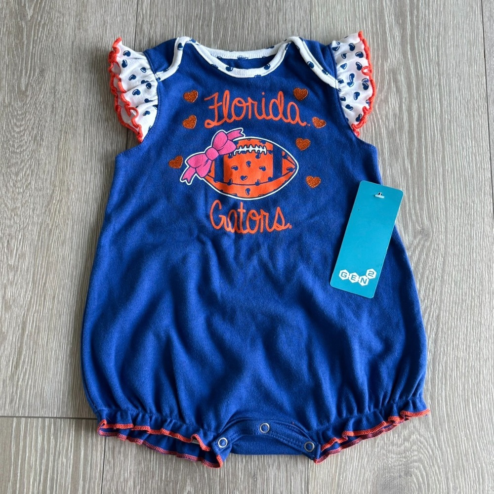 NWT Gen 2 Baby Girls Blue Florida Gators Ruffle Sleeve Graphic Rompers Size 18M